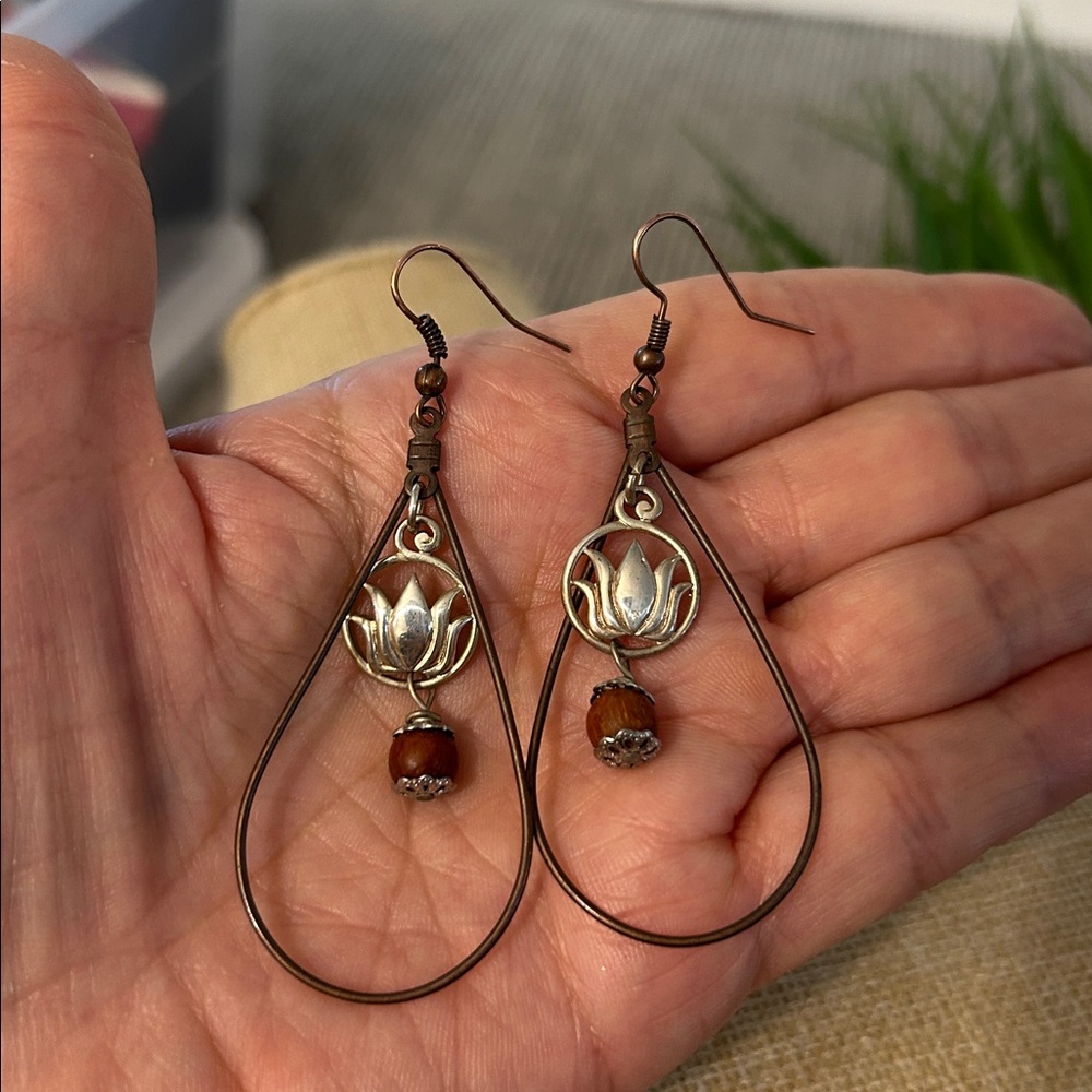 Lotus Teardrop Dangle Earrings in Antique Bronze and Wood Bead